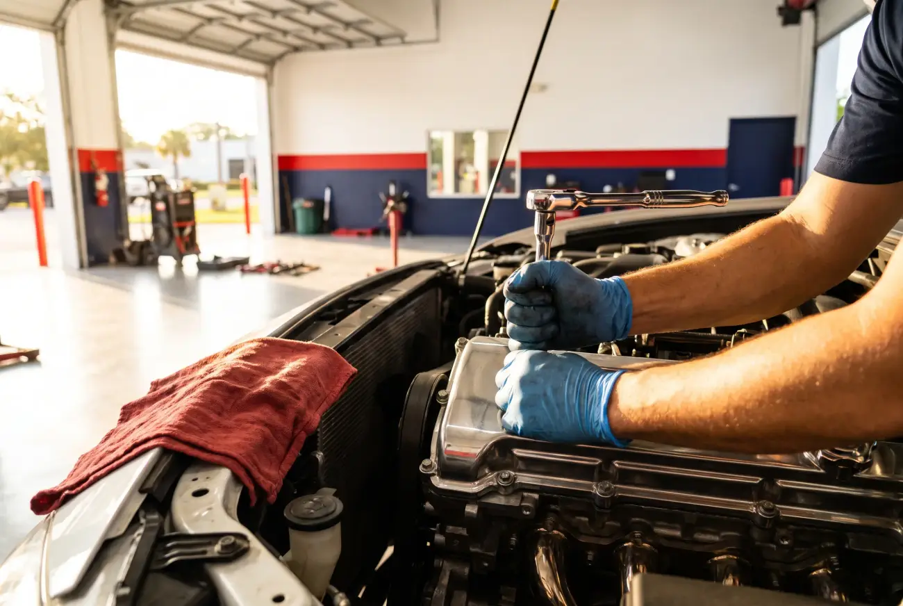 Gloved hands tightening a bolt in a clean engine bay with a chrome ratchet