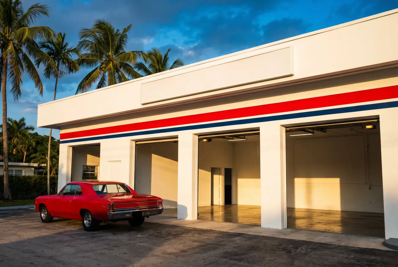 The shop from the street at golden hour: a white building with a red and navy stripe, three open bays, a red classic coupe and palm trees