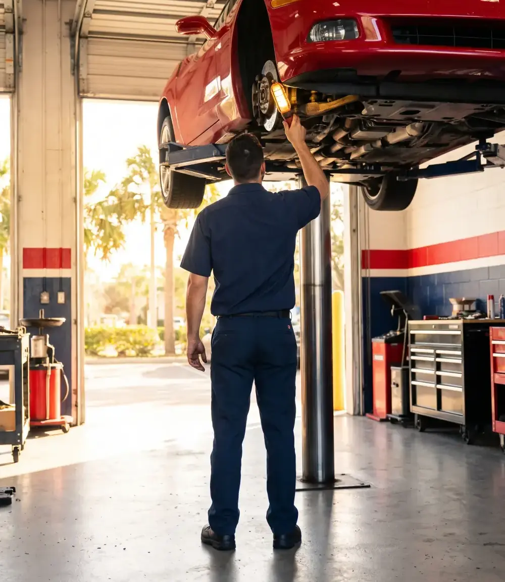 A technician inspecting the suspension of a red car on a lift with a work light