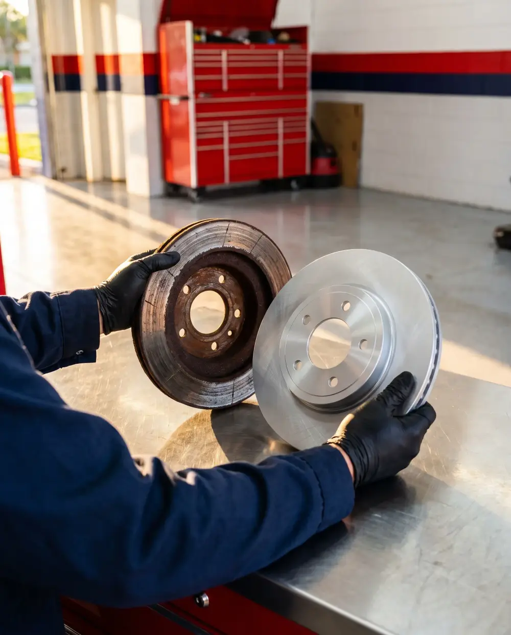 Gloved hands holding a worn, rusty brake rotor next to a shiny new one