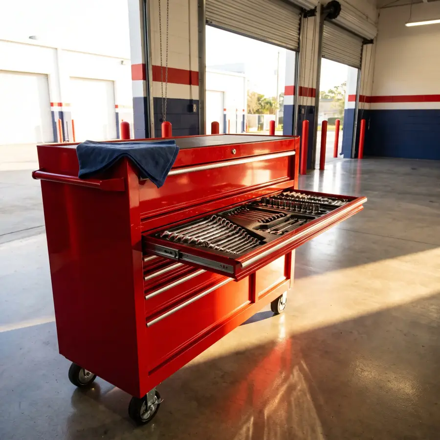 A glossy red tool chest with a drawer of neatly arranged chrome wrenches