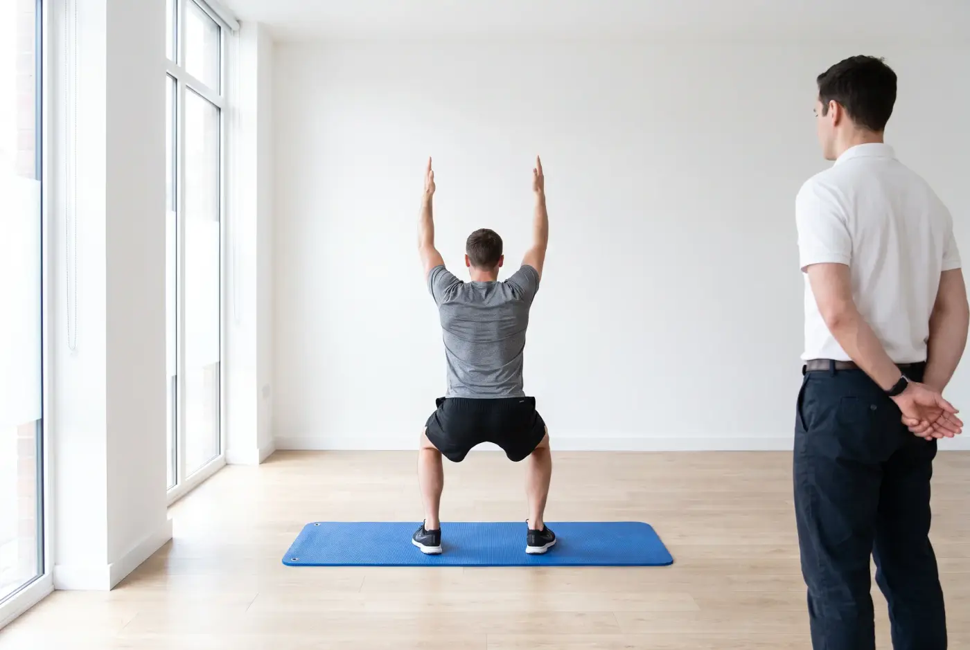 A patient performing an overhead squat on a blue mat while a clinician observes from the side