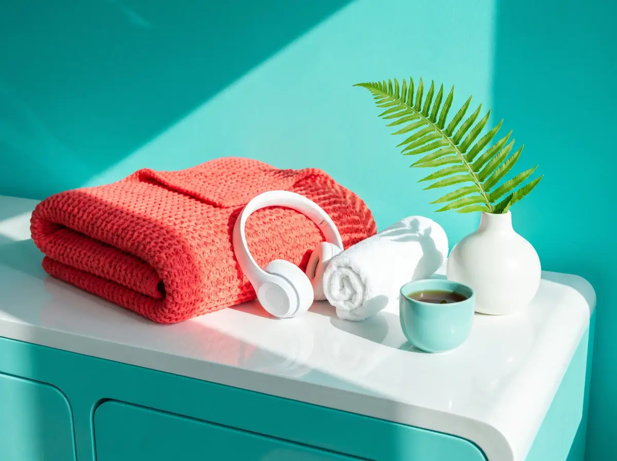A folded coral blanket, white headphones, a warm towel and a cup of tea on the counter