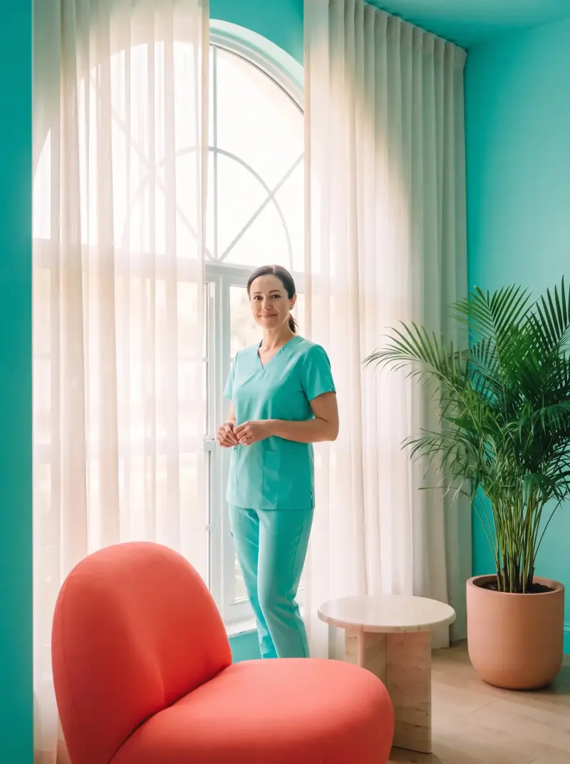 Dr. Inés Calloway standing by the window in aqua scrubs