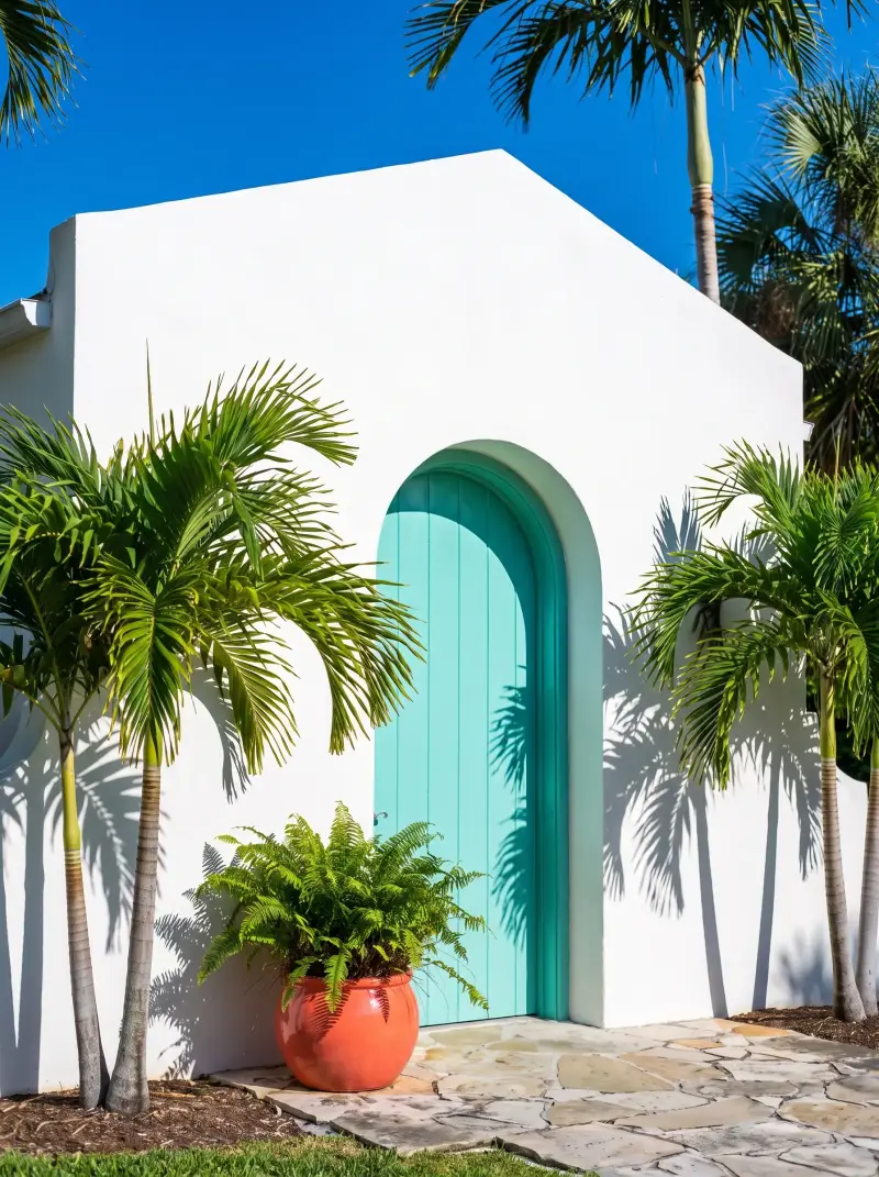 The practice entrance: white stucco, an aqua arched door and palms