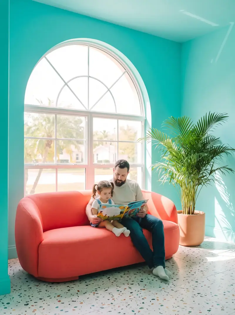 A parent and child reading together in the waiting lounge