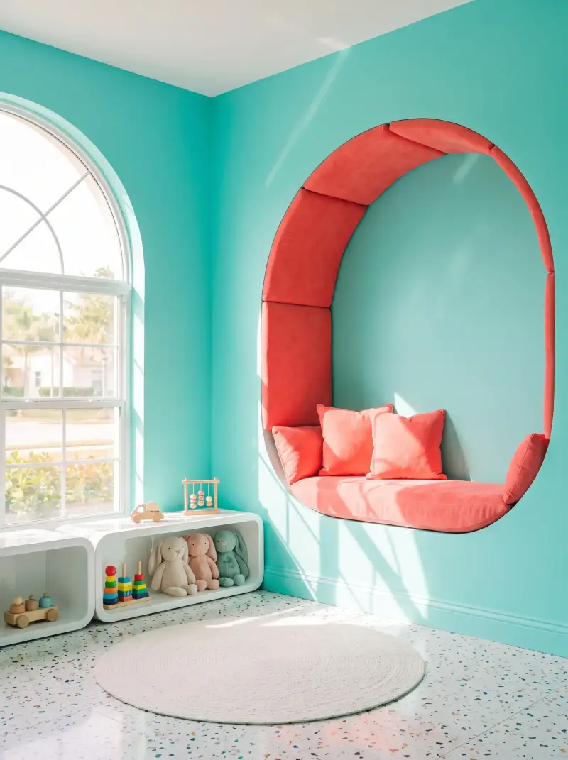 The children's corner with low shelves, soft toys and a rounded reading nook