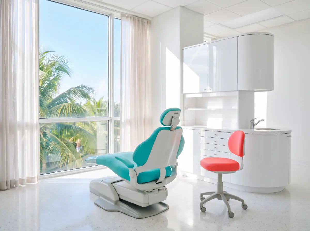A bright white treatment room with an aqua chair and a window onto palm fronds