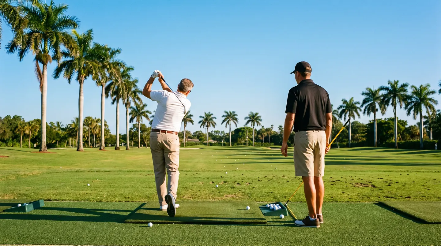 An adult beginner makes a half swing on the range while a coach with an alignment stick watches