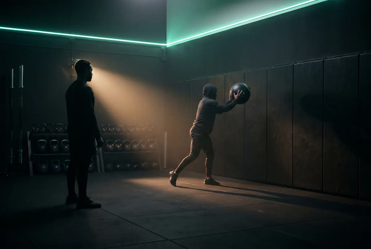 The strength coach in the strength room during a medicine-ball session