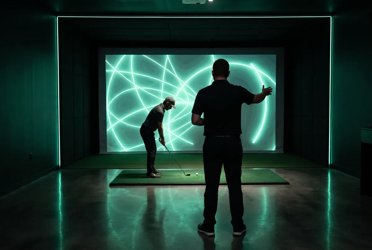 A coach points at the lab's wall display while a golfer sets up on the hitting mat