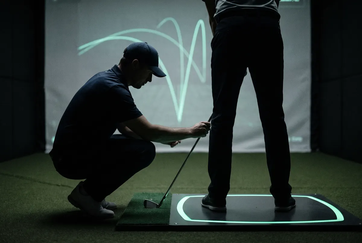 A coach crouches on the hitting mat checking a player's alignment with a club across the force plate
