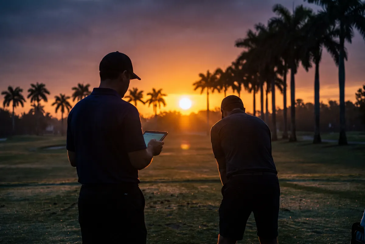 Head coach reviewing a tablet beside a player on the range at sunrise