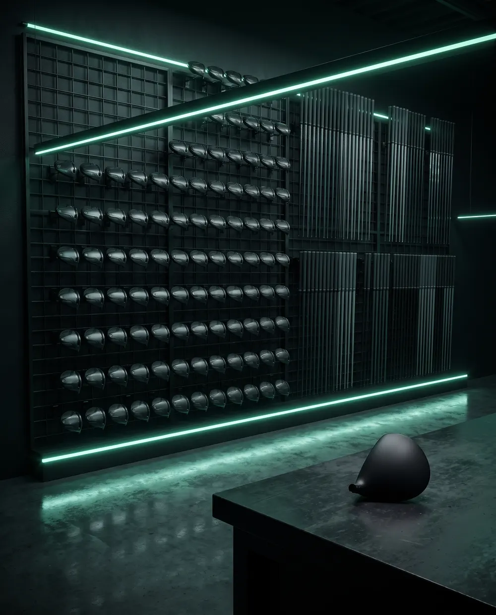 A club-fitting wall of driver heads and shafts under mint edge light