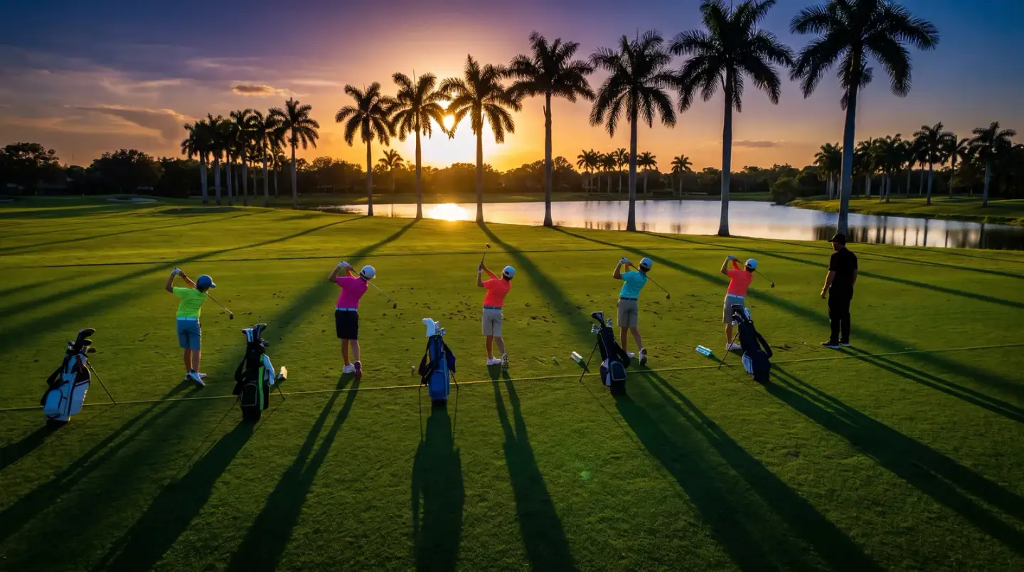 Five junior golfers hitting on the range tee line at golden hour with a coach at the end of the line