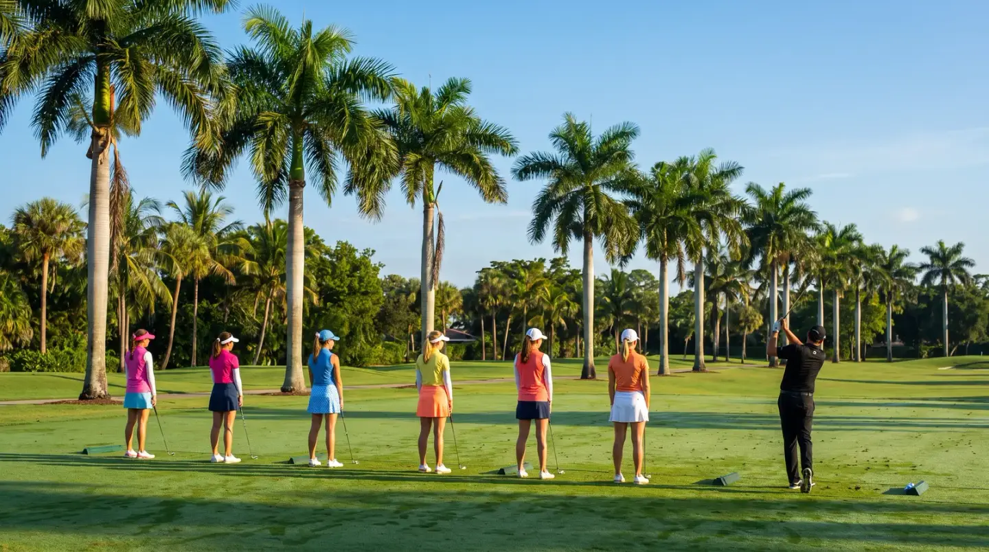 A Saturday morning ladies' class of six golfers on the tee line with a coach demonstrating