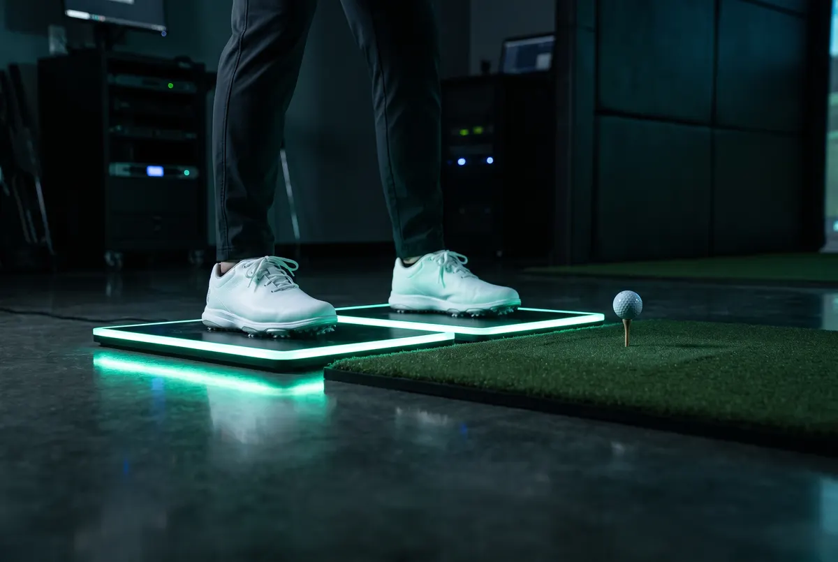 A golfer's shoes on two glowing force plates beside a teed ball in the lab