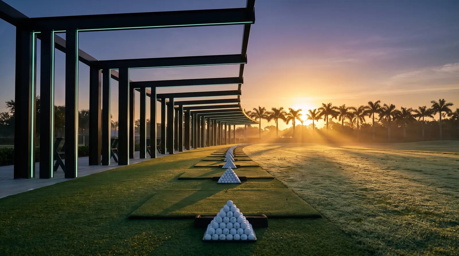 The covered tee line at Sandpiper Bend range at dawn, with pyramids of range balls and the sun rising over the palms