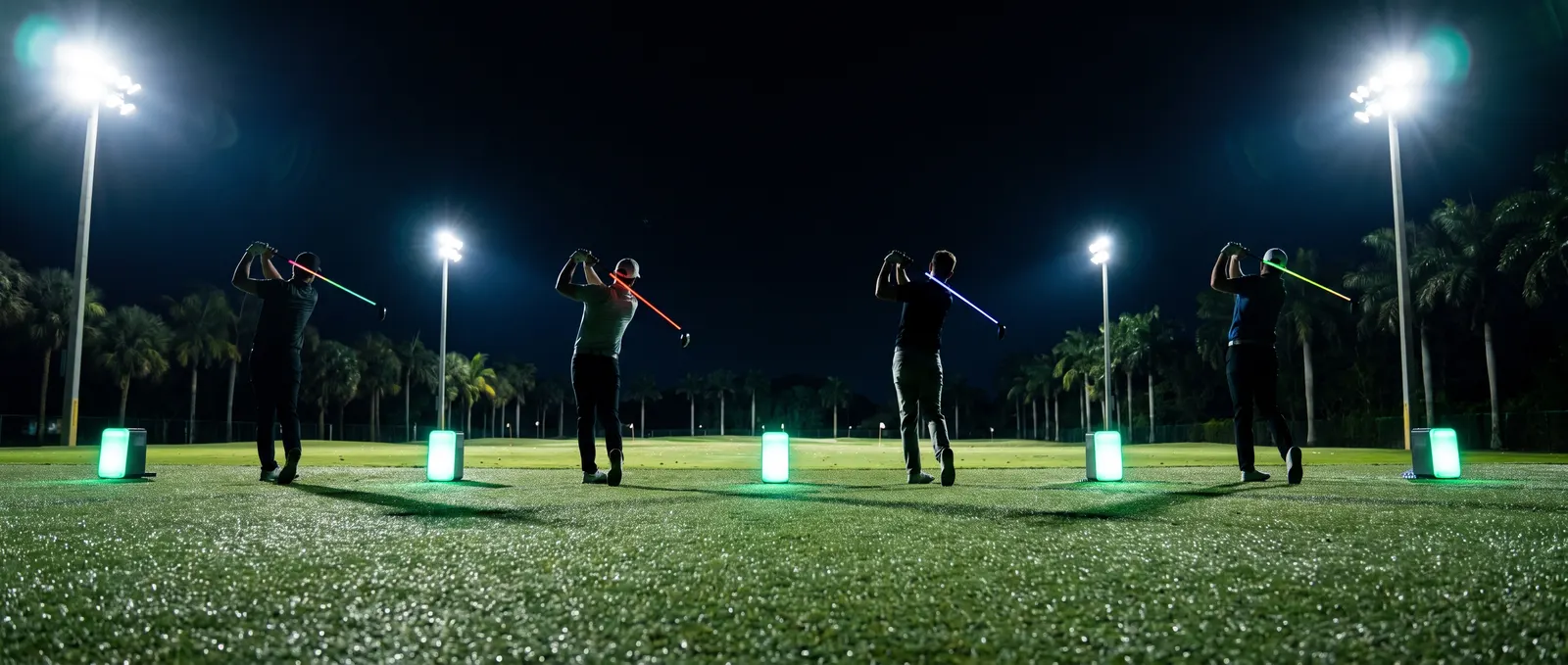Four players swing weighted speed shafts under the floodlights on the range, a glowing radar unit behind each
