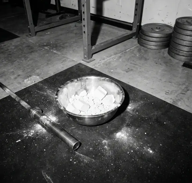 A steel bowl of broken lifting chalk