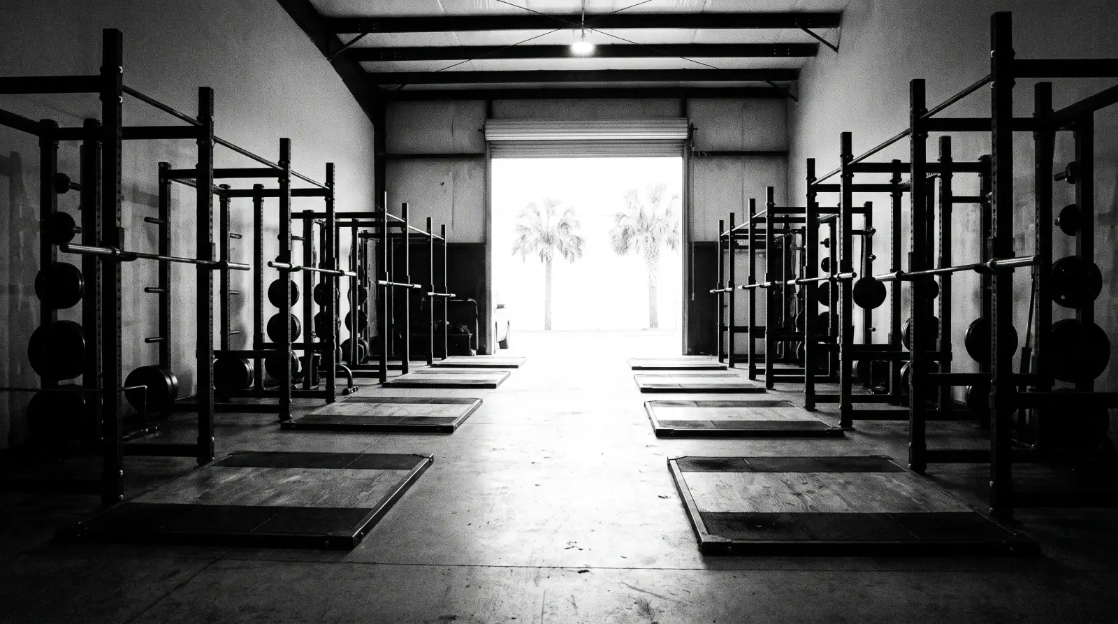The main floor: a row of steel racks under a roll-up door