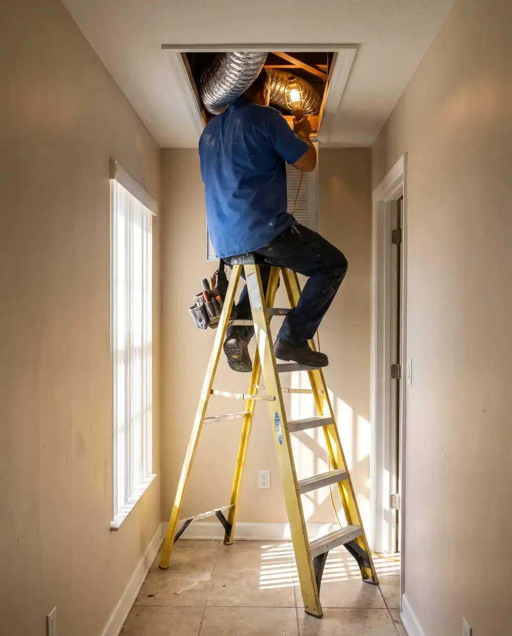 Technician on a ladder working at an attic hatch with flexible duct visible