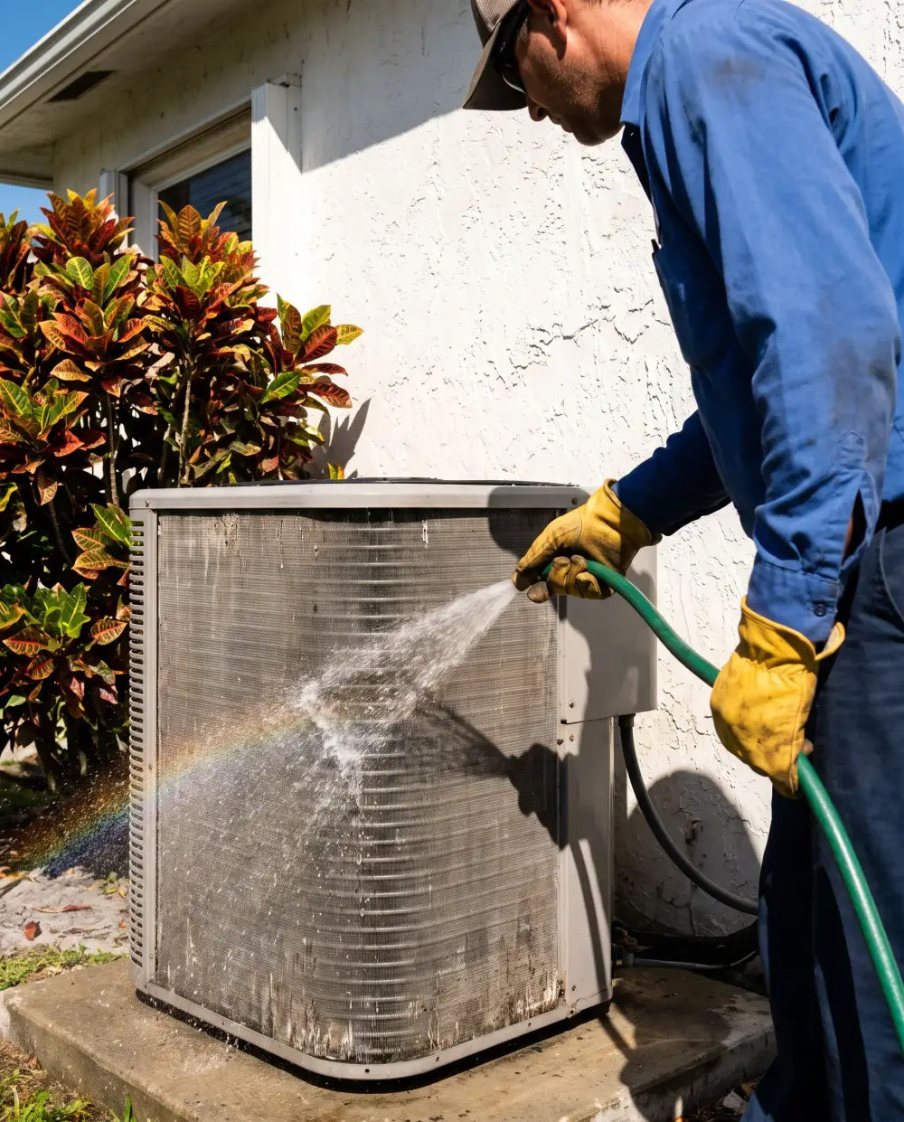 Technician rinsing a condenser coil with a hose