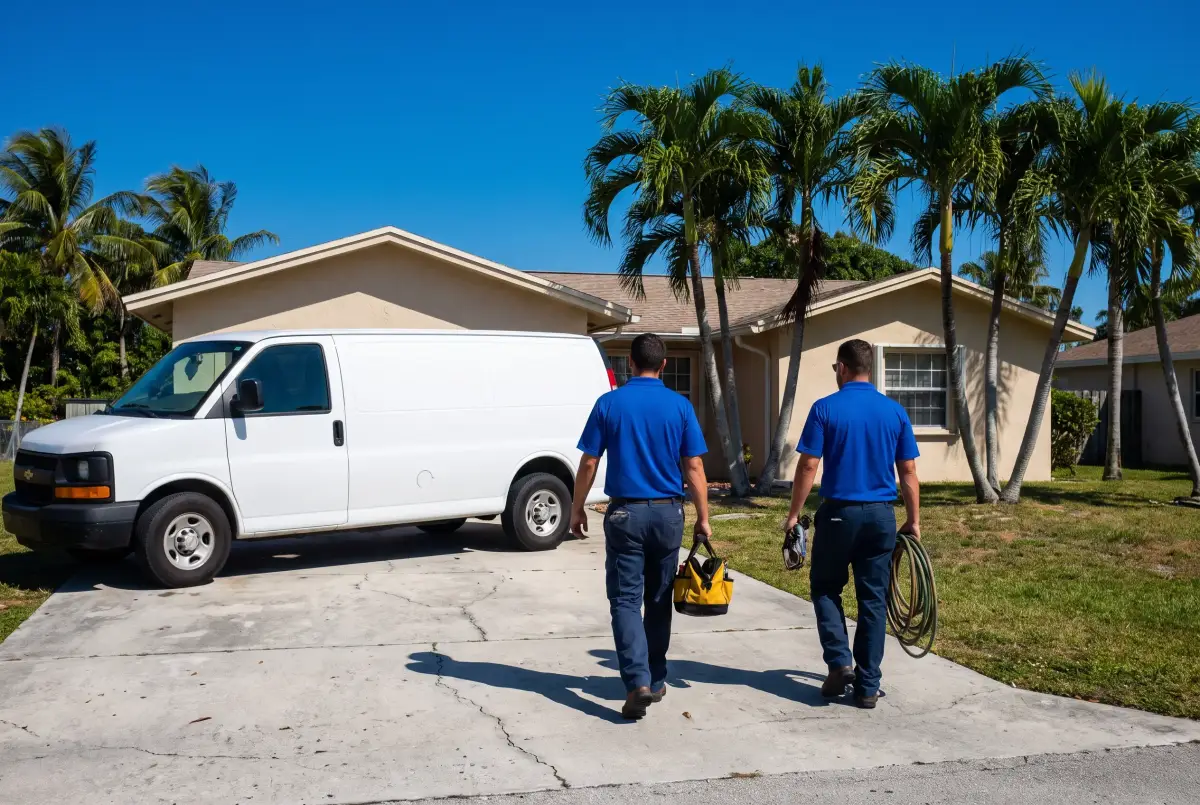 Two technicians in blue shirts walking from a van toward a house, seen from behind