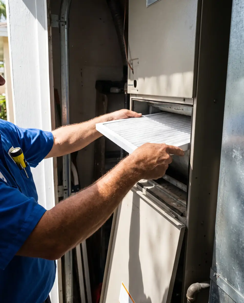 Hands sliding a pleated filter into an air handler in a garage closet