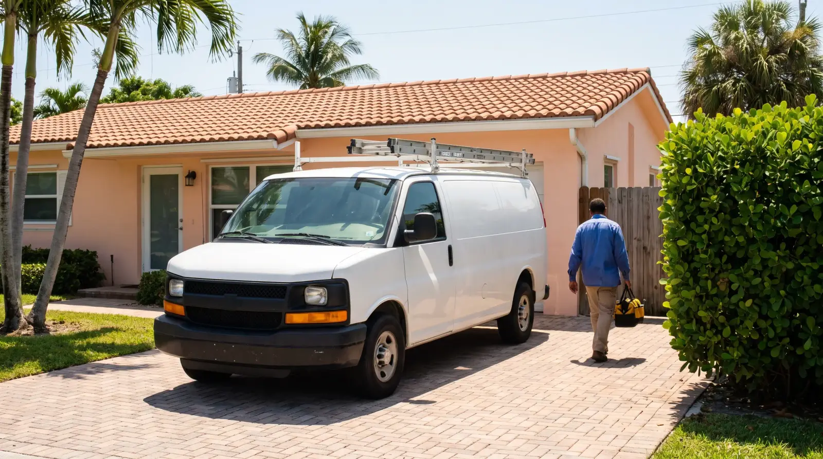 Unmarked white service van in the driveway of a stucco ranch home, technician walking to the side gate