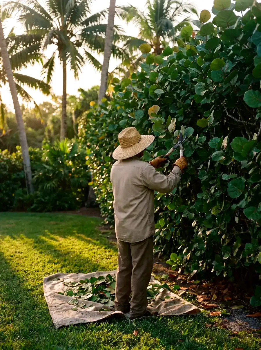 A gardener in a straw hat hand-pruning a sea grape hedge