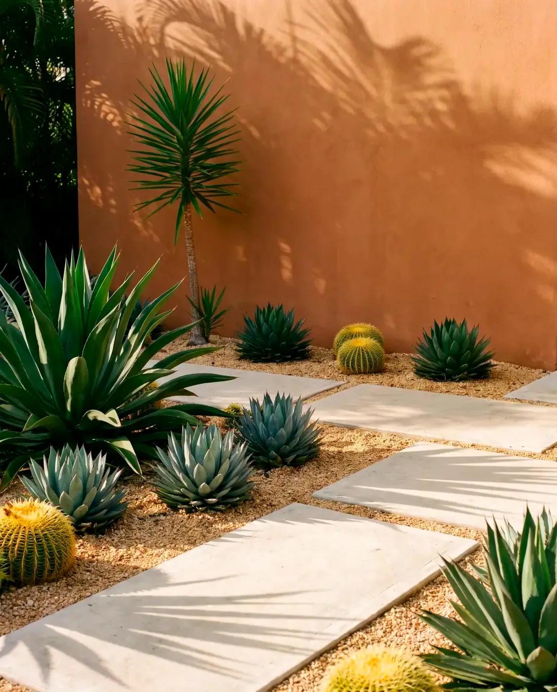 Agaves and golden barrel cactus in gravel between concrete pavers against a terracotta wall