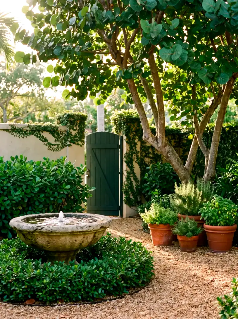 A walled entry courtyard with a coral stone fountain, clipped clusia and a multi-trunk sea grape