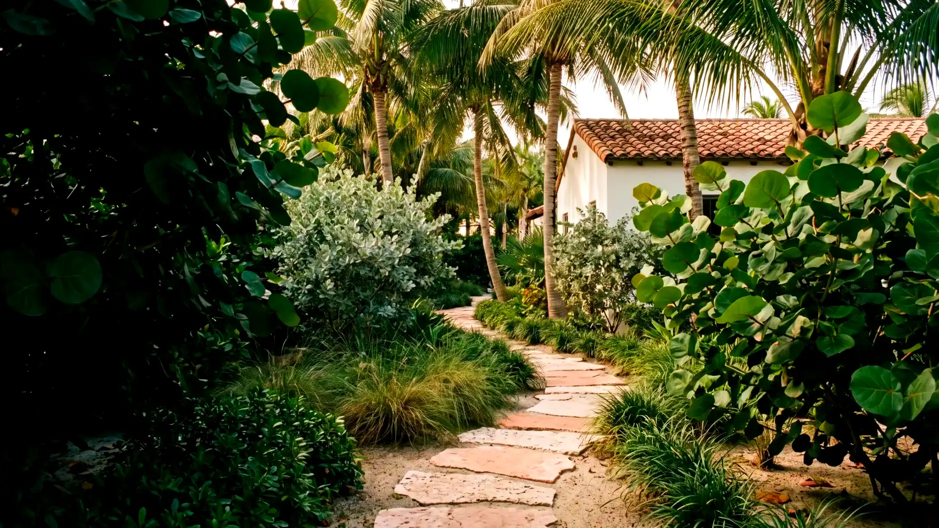 A coral stone path winding through sea grape, silver buttonwood and coconut palms toward a white stucco house