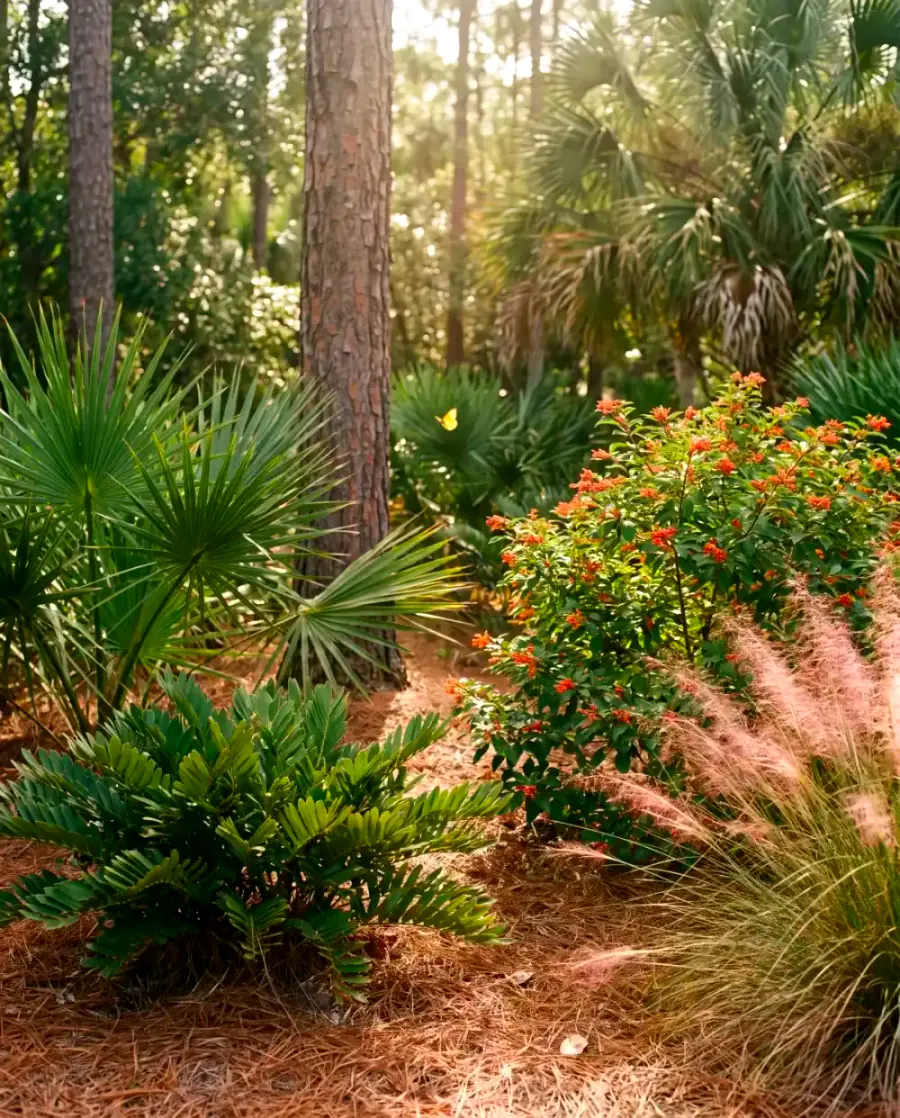 Coontie, firebush, saw palmetto and pink muhly grass under slash pines