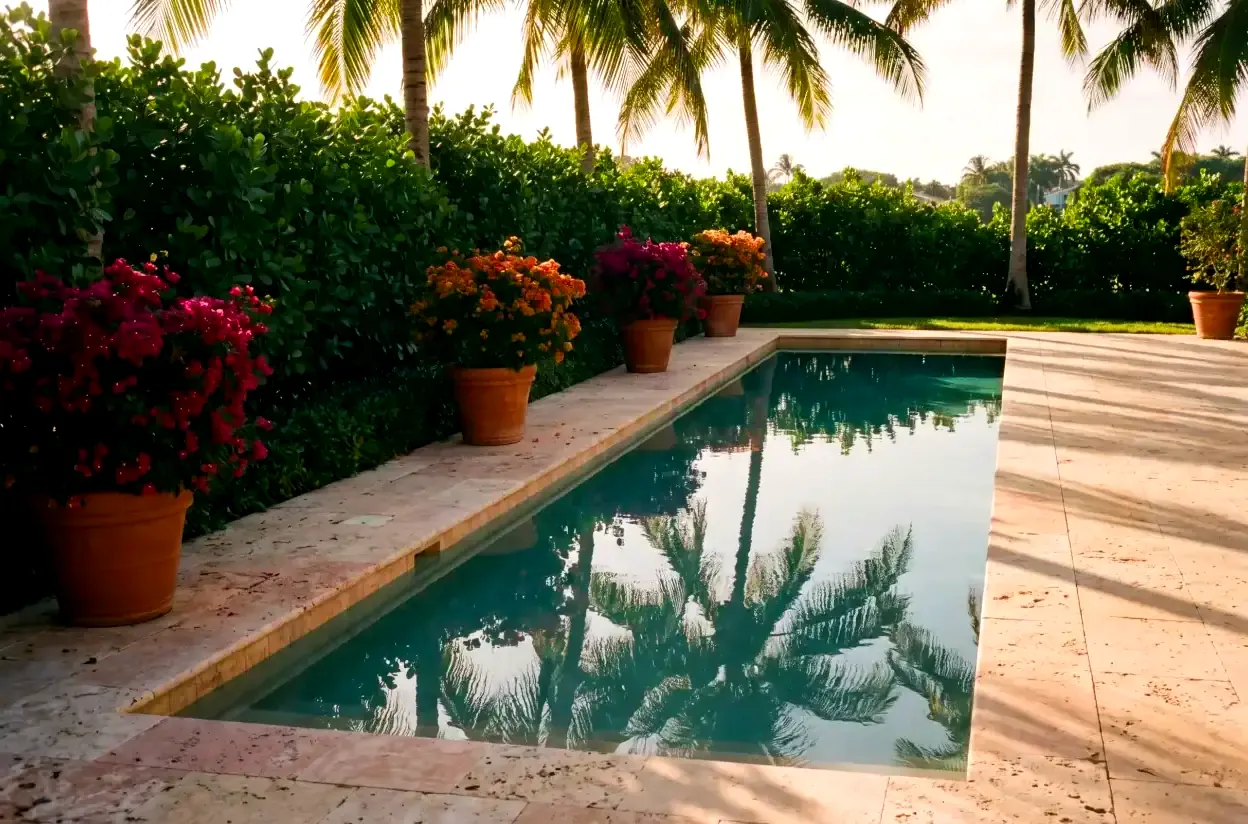 A long pool edged in coral stone with potted bougainvillea, a clusia hedge and palm reflections