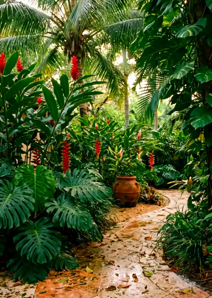 A shaded tropical garden of monstera, heliconia and red ginger around a terracotta jar