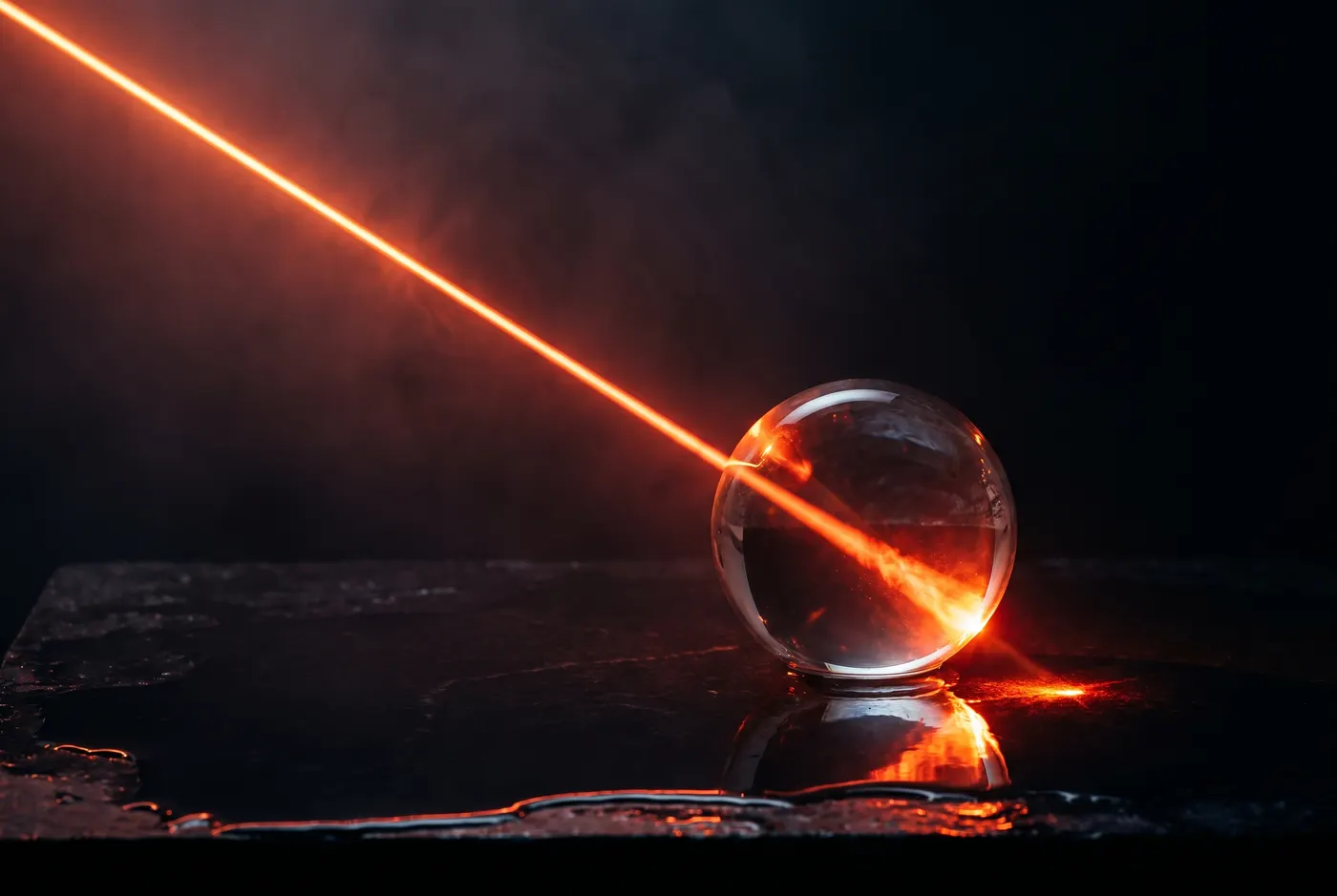 A thin blade of coral light passing through a glass sphere on wet black stone