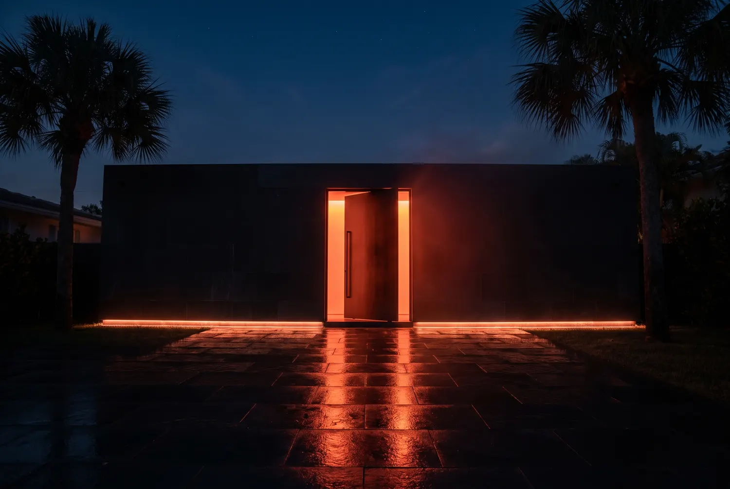 Terrane at dusk: a low black stone building with an open pivot door glowing coral, between two sabal palms