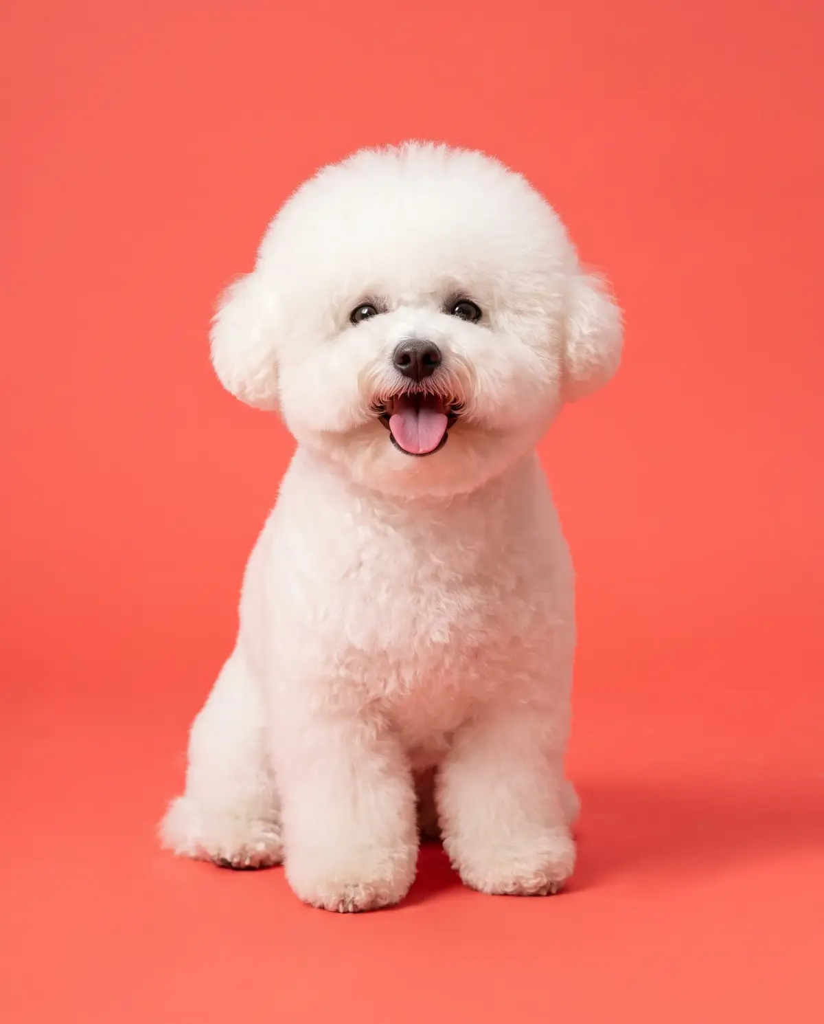 A freshly groomed white bichon with a round teddy-bear trim, smiling