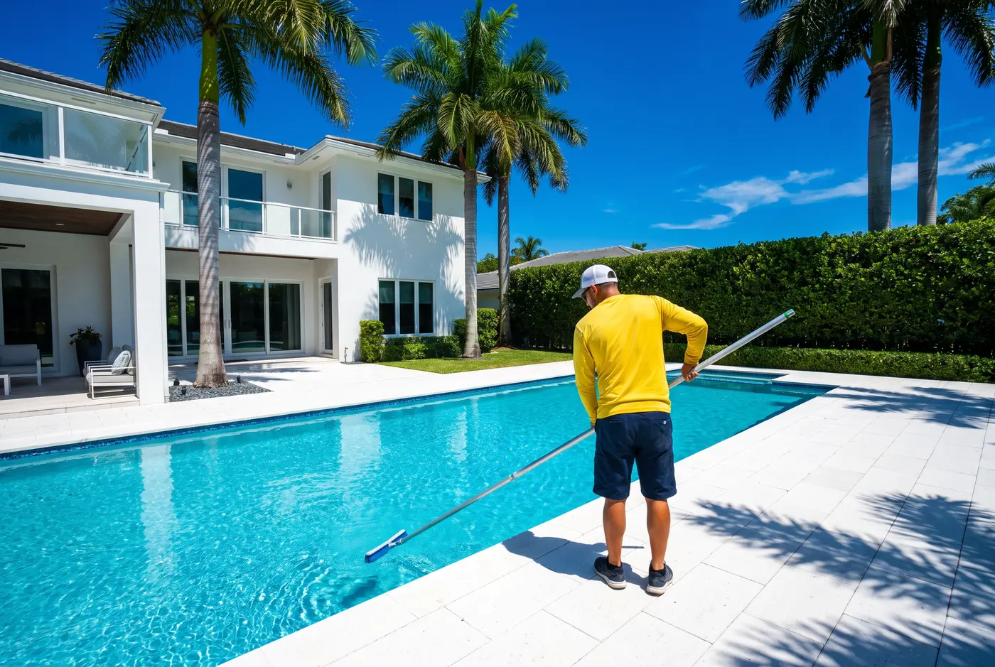 A Noonwater technician in a yellow shirt brushing the wall of a clear turquoise pool