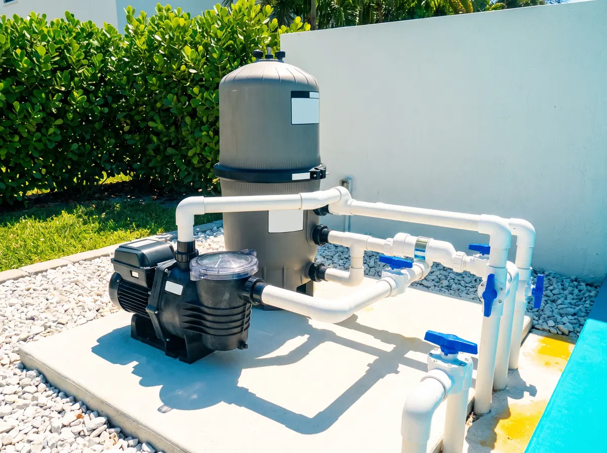 A clean pool equipment pad with a variable-speed pump, cartridge filter and blue-handled valves
