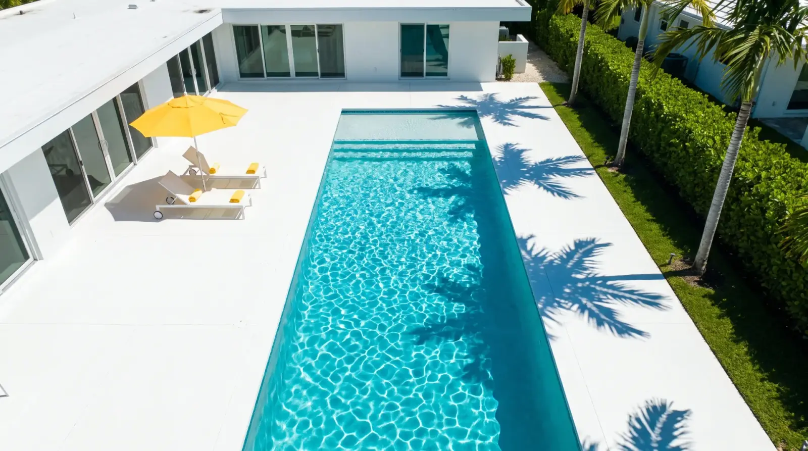 Aerial view of a backyard pool; the water changes from clear turquoise to swamp green as you move the slider