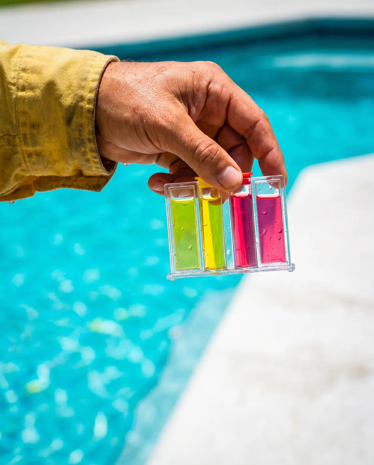 A technician's hand holding a drop-test comparator with yellow and red reagent vials over turquoise water