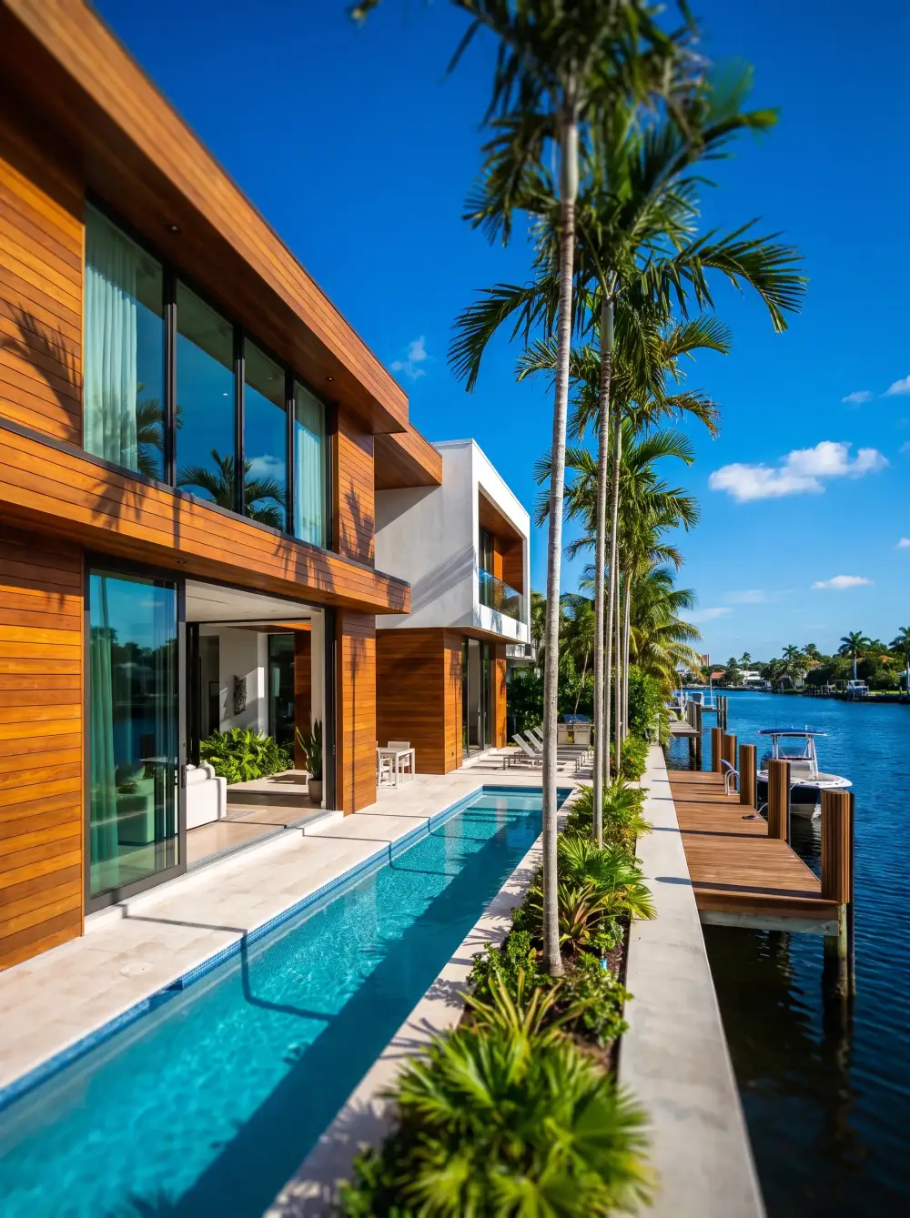A tropical-modern home in warm ipe wood with a lap pool running to the dock