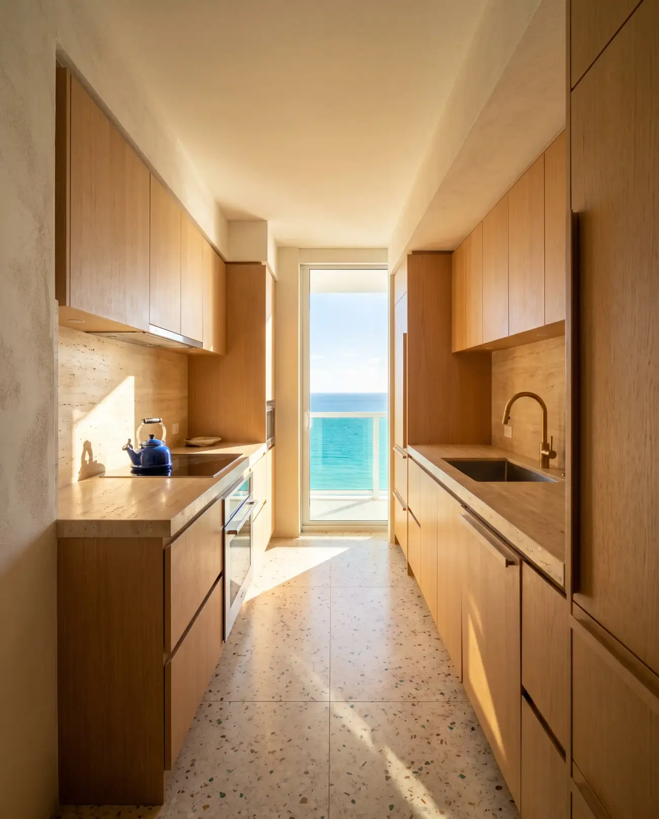 A narrow galley kitchen in oak and travertine with a terrazzo floor, ending at a glass door onto the ocean.
