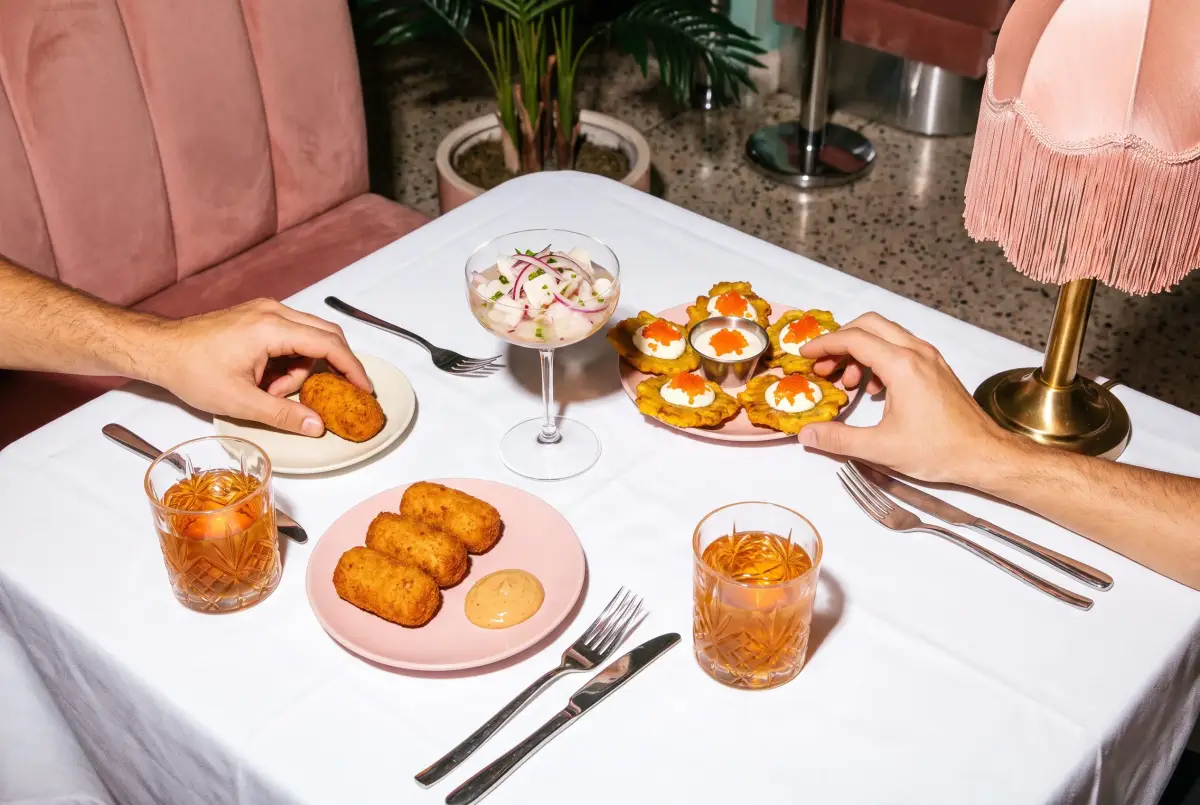 A flash-lit table of croquetas, ceviche and tostones with cocktails
