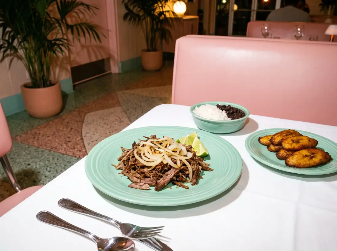 Vaca frita with onions and lime, white rice and black beans